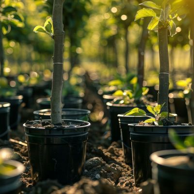reforestation set of young trees trunks in pots, afforestation s
