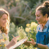 A garden coach in a denim apron holds a plant and explains it to a client who is taking notes, surrounded by greenery outdoors