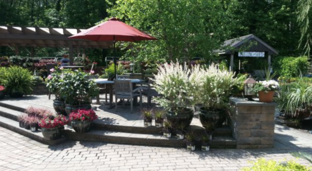 Outdoor patio display featuring potted shrubs and flowers arranged on brick steps and terraces with a seating area under a red umbrella