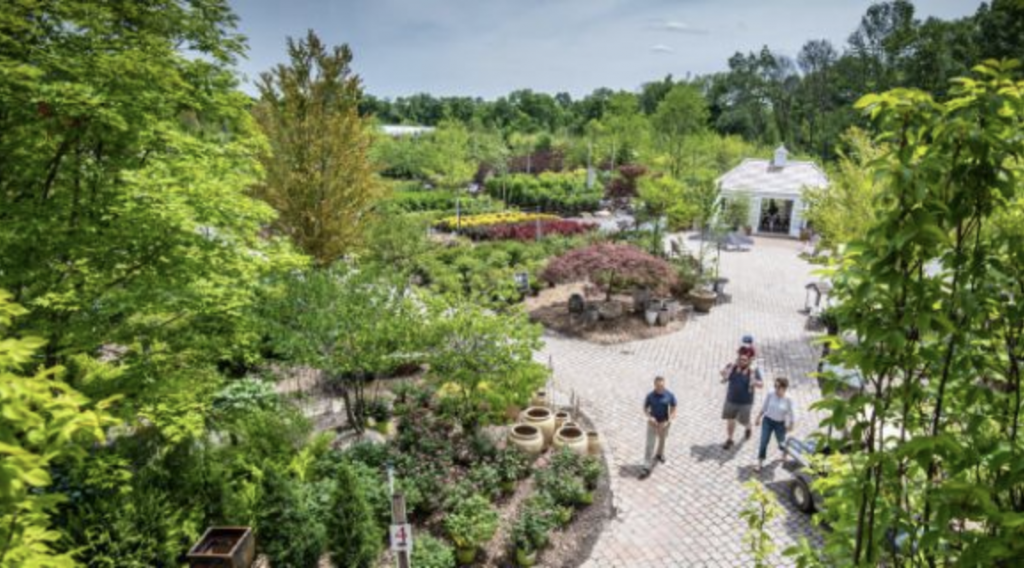 Aerial view of a landscaped garden center with brick pathways, potted plants, and several people walking among lush trees and a white gazebo in the background.