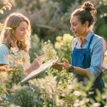 A garden coach in a denim apron holds a plant and explains it to a client who is taking notes, surrounded by greenery outdoors